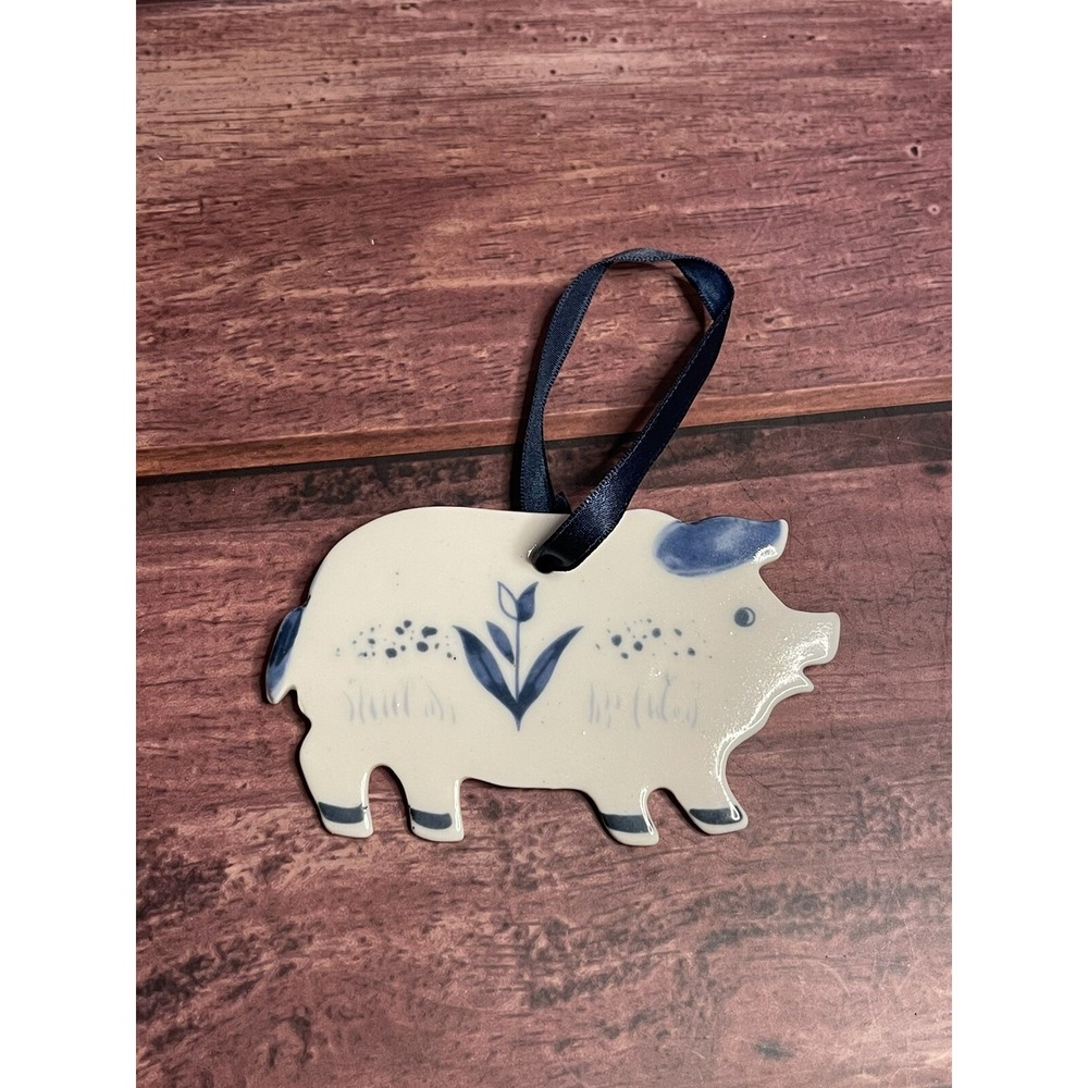 RUSS BERRIE Blue White Fat Little Pig Porcelain Christmas Tree Ornament